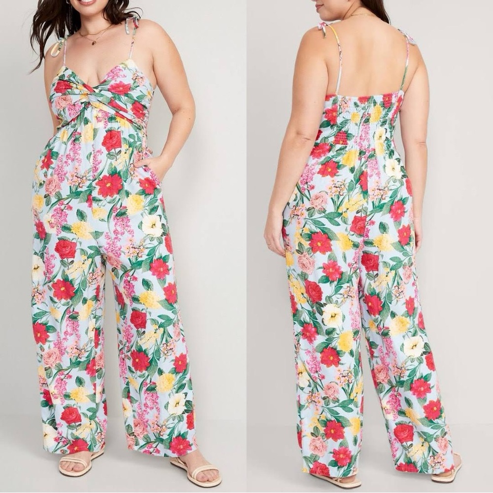 Old Navy Multifloral Tie-Shoulder Cropped Twist-Front Smocked Jumpsuit - 3X
